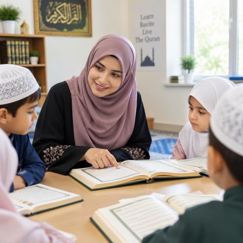 A female Quran teacher reading with her young pupils
